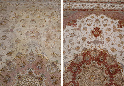 Nettoyage et détachge ( vin rouge )Un tapis persan TABRIZ  en laine et soie.